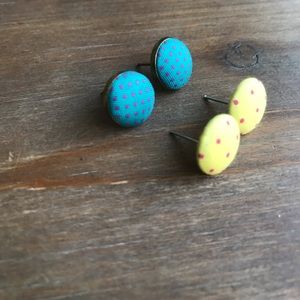 Teal and yellow polka dot stud earrings
